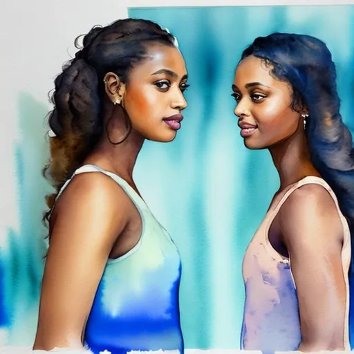 Prompt: Watercolor painting of multiple transparent layers in light blue hues. The painting depicts two brown skinned sisters mirroring each other. 