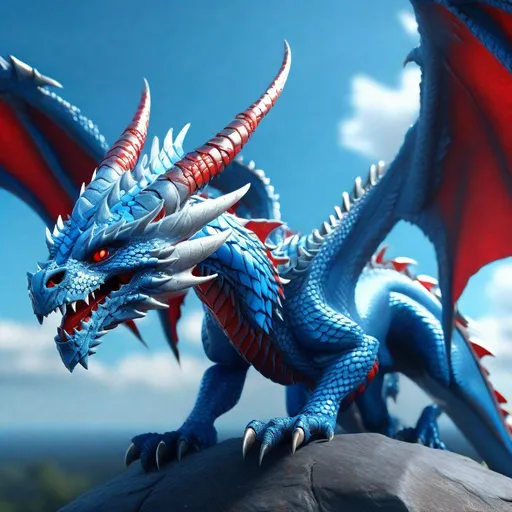 Prompt: Digital art of a Blue platinum dragon with (red underside wings), sky background, ultra detailed, 3D, 8k, UHD, unreal engine, by greg rutkowski