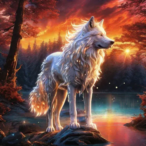 Prompt: Insanely beautiful (canine quadruped) that is glowing, thick brilliant pearl-white mane, on two legs, translucent, luminescent, illusion, glistening fiery mane, glows like the sun, flaming red eyes, majestic wolf face, energetic fox, in a magical forest near a lake, sunrise, beneath the stars, crystal lake, corona, glowing outline, waterfall, bioluminescent, highres, best quality, concept art, epic digital art, intricately detailed, cinematic, 8k eyes, highly detailed eyes, highly detailed, 64k, vibrant, UHD, professional, intricately detailed background