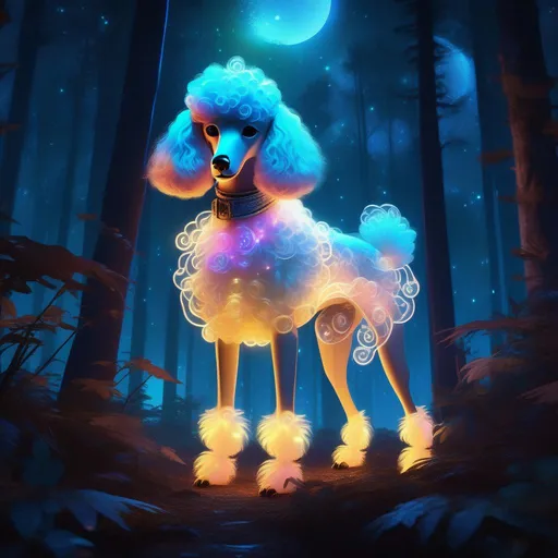 Prompt: A mythical translucent poodle that is glowing, in a forest surrounded by bones, beneath the stars, bioluminescent, highres, best quality, concept art