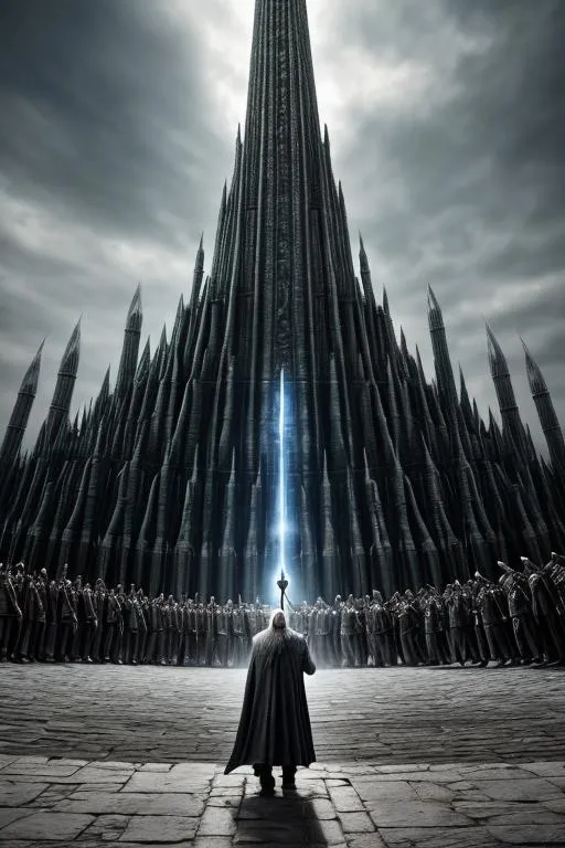 Prompt: realistic photo of Saruman, holding his staff in all glory, surrounded by humanoid goblin soldiers, Tower of Orthanc in the background, style of Peter Jackson, 4k, highly detailed, intricate details, 