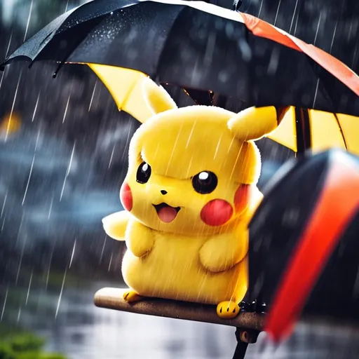 Prompt: Pikachu outside in the rain with yellow umbrella on the road, reflective eyes, reflective road