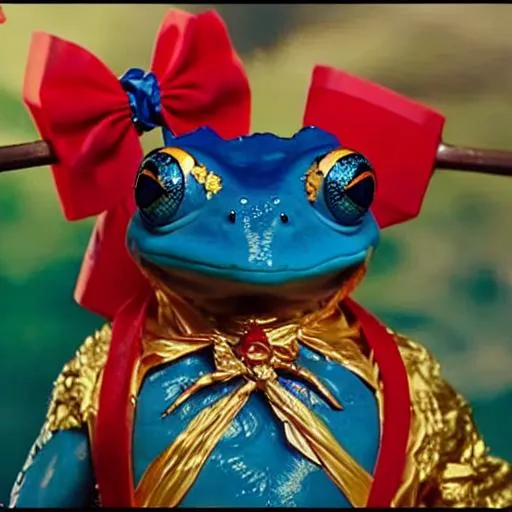 Prompt: venomous Costa Rica blue frog humanoid wearing a red silk kimono and gold hindu jewelry, carying a japanese bow and quiver with holy alien scriptutres in a japanesse Wes Anderson's movie 