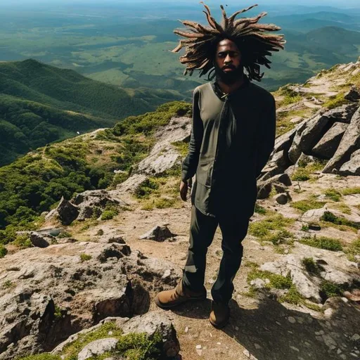 Prompt: dreadlock man standing on the mountain top