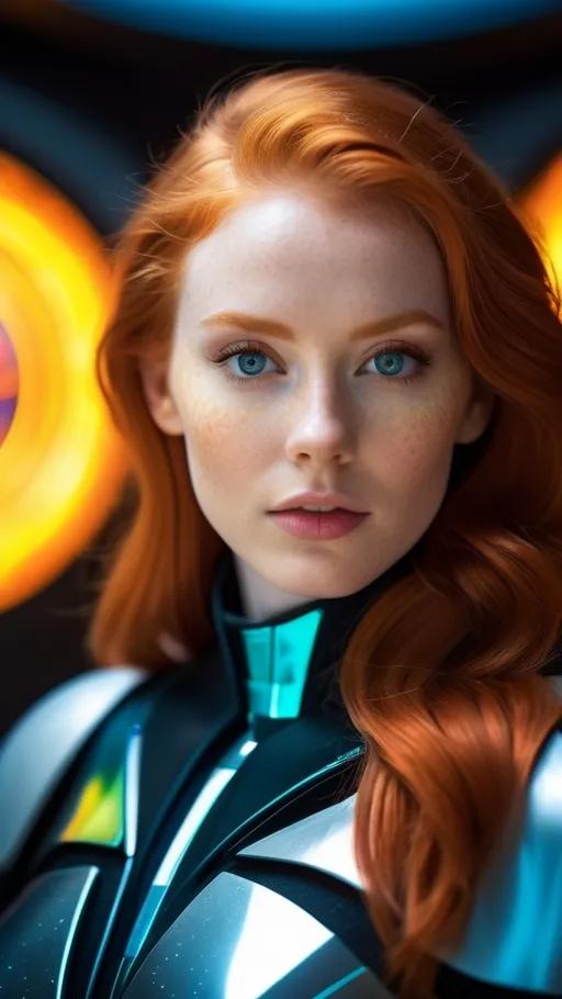 Prompt: RAW Photograph, full body, beautiful ginger woman who lives in a vast galactic empire in a distant future, stunning eyes that pierce your soul, wearing elegant clothing with luminescent detailing, colorful, highly detailed skin with visible pores, she holds secret knowledge about the fundamental nature of reality, specular highlights, future technology, cosmic motif, minimalist composition, insane intricate detail, award winning art, raytracing, sharp focus, 8k, hdr, masterpiece, photography, dslr, kodachrome, 35mm photograph, analog film, professional, highly detailed