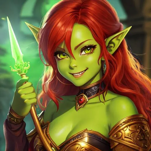 Prompt: oil painting, D&D fantasy, green-skinned-goblin girl, green-skinned-female, small, beautiful, short fiery red hair, wavy hair, smiling, pointed ears, fangs, looking at the viewer, cleric wearing intricate adventurer outfit, #3238, UHD, hd , 8k eyes, detailed face, big anime dreamy eyes, 8k eyes, intricate details, insanely detailed, masterpiece, cinematic lighting, 8k, complementary colors, golden ratio, octane render, volumetric lighting, unreal 5, artwork, concept art, cover, top model, light on hair colorful glamourous hyperdetailed medieval city background, intricate hyperdetailed breathtaking colorful glamorous scenic view landscape, ultra-fine details, hyper-focused, deep colors, dramatic lighting, ambient lighting god rays, flowers, garden | by sakimi chan, artgerm, wlop, pixiv, tumblr, instagram, deviantart