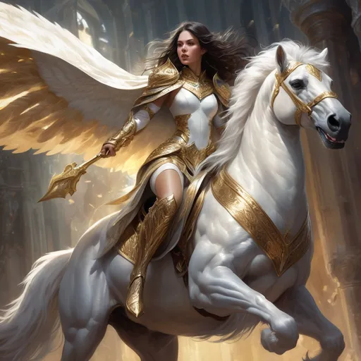 Prompt: (epic fantasy character art), a woman with (long flowing dark hair), wearing (white metallic armor) and a (white and gold furry cape), riding on a majestic mythical creature, capturing the grandeur of a fantasy realm, intricate detail, full of dynamic movement, rich textures, enchanted atmosphere, dramatic lighting, vivid contrast, inspiration from Aleksi Briclot's furry art, ultra-detailed, high quality.