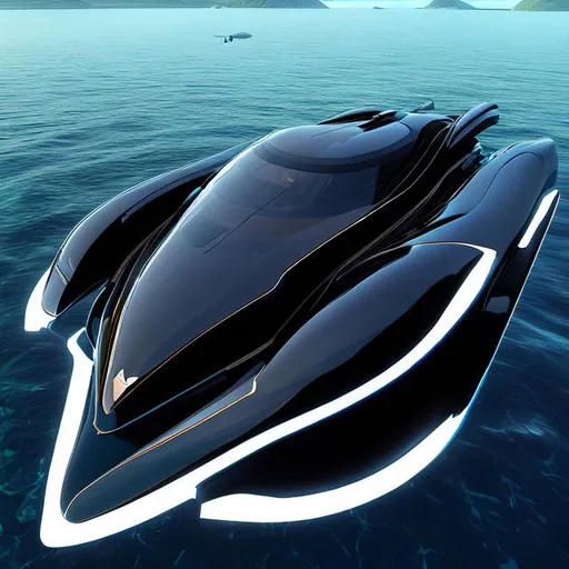 Prompt: Generate a hyper-realistic digital artwork of a futuristic and luxurious aquatic vehicle, reminiscent of a boat-car hybrid, positioned gracefully on the surface of a vast, serene ocean at dusk. The vehicle should exude an aura of opulence and sophistication, with its entire exterior coated in a sleek, glossy black finish that seamlessly merges with the tranquil waters beneath. Intricately designed electric blue lines should adorn its body, tracing its elegant contours and accentuating its cutting-edge design. The play of light and shadow should be meticulously captured, showcasing the reflections of the twilight sky and the water's gentle ripples on the vehicle's surface. The scene should evoke a sense of both tranquility and excitement, as if capturing a moment of harmonious coexistence between advanced technology and the natural world