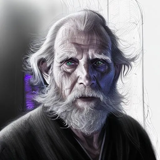 Prompt: tall old man, white hairs, dark purple robe, gloomy forest, scars, evil smile, terrifying, highly detailed, intimidating, digital art, ambient light, dark atmosphere, detailed linework, hyperealistic