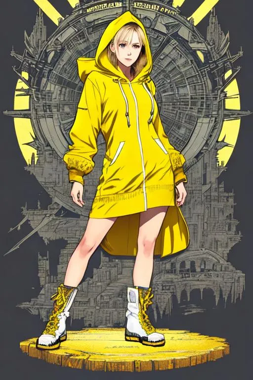 Prompt: (((Yoji Shinkawa))), sticker of ultra detailed portrait of Denise Gough, 67 years old, in yellow hooded tunic. high quality cell shaded illustration in fantasy apocalyptic style by Yoji Shinkawa, ((full body)), dynamic pose, perfect anatomy, castle setting, magician, centered, freedom, soul, grey and blonde short hair, approach to perfection, cell shading, 4k , cinematic dramatic atmosphere, watercolor painting, global illumination, detailed and intricate environment, artstation, concept art, fluid and sharp focus, volumetric lighting, cinematic lighting, Art by Yoji Shinkawa,