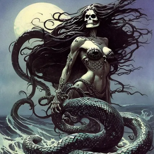 Prompt: a sea witch with a skull face, long flowing hair, serpent, frank frazetta, brom 