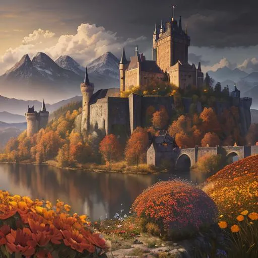 Prompt: A beautiful scene in autumn colors, colorful flowers, mountains faraway, castle faraway, dark sky. Above the scene a dutch sky, hyperrealism 8k resolution, hyperdetailed, intricately detailed matte 