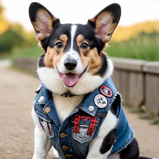 Prompt: Cardigan Welsh Corgi wearing a heavy metal music denim vest with patches