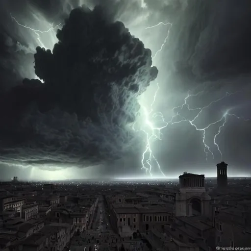 Prompt: it's Rome but in a Lovecraft story. Seen by the sky.
With darkness in form of black fog that envelope the city and shadow all around.
The shape of a big monster it is on the background behind the cloud and thunder creates spot of light.
Look like a Nolan movie with a lot of contrast and blue lights