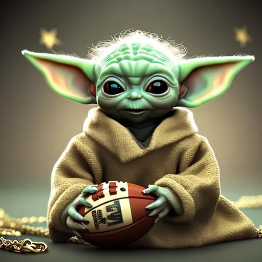 A portrait of Baby yoda wearing gold necklace and ho...