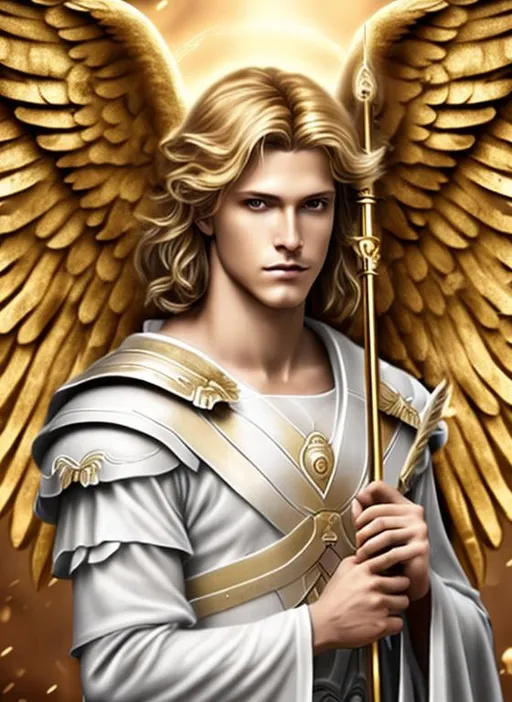 Prompt: Angel, halo, radiant golden light, seraph, six wings, photo realistic, Male, warrior, ancient, wallpaper, St michael, catholic, archangel, handsome, Male face, masculin face, 37 years old