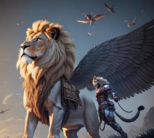 Prompt: lion with 2 magnificent wings ridden by warriors. 3D Game Cinematic Feel, Epic 3D Videogame Graphics, Intricately Detailed, 8K Resolution, Dynamic Lighting, Unreal Engine 5, CryEngine, Trending on ArtStation, HDR, 3D Masterpiece, Unity Render, Perfect Composition
