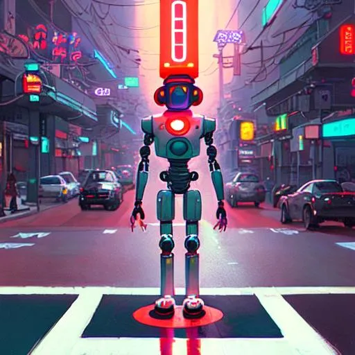Prompt: a robot holding a red glowing stopsign in its hand standing in a crosswalk, by Makoto Shinkai, James Jean, and Jean-Baptiste Monge outer space, iridescent colors, elaborate sci-fi synthwave retrofuturism, oil painting