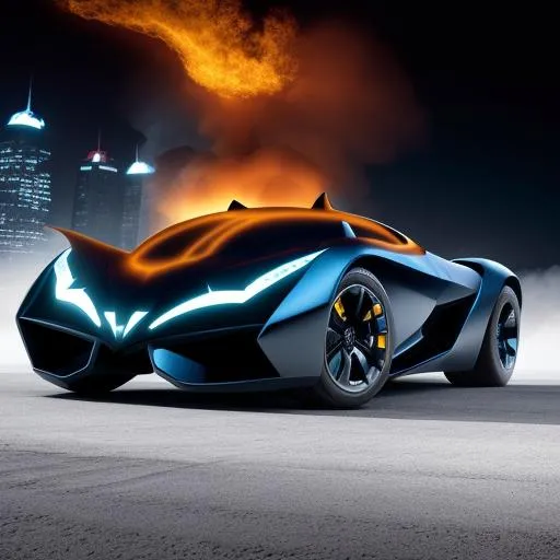 Prompt: Futuristic mega Batman car on fire and ice maximum speed 