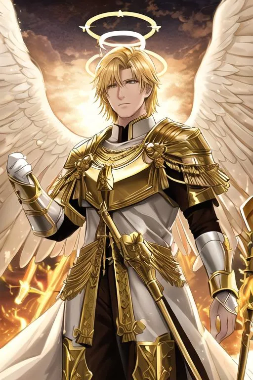 Prompt: Angel, halo, radiant golden light, seraph, six wings, photo realistic, Male, warrior, ancient, wallpaper, St michael, catholic, archangel, handsome, Male face, masculin face, 37 years old, Spears, fire, 16k, full body picture, heavenly, shader