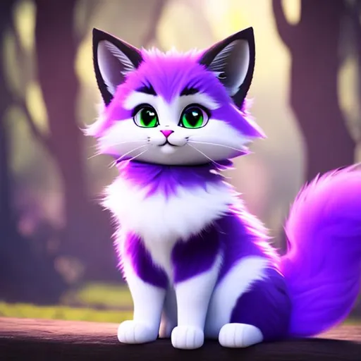 Prompt: Purple cat, green eyes, long fur, pointy ears, fantsy, magic, dim lighting, adventure, long wiskers, fluffy tail, trickster grin, spooky, witchy