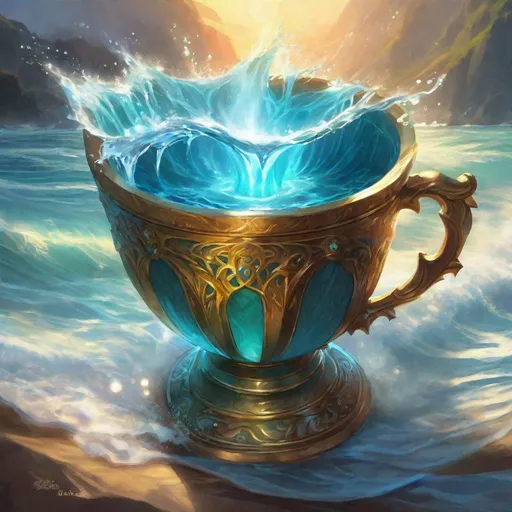 Prompt: magical cup overflowing with water, waves, sea, glowing, sunlight, dungeons and dragons, magic the gathering, fantasy art, fantasy, wizard,, concept art, , artstation, award winning, painting, watercolor, 