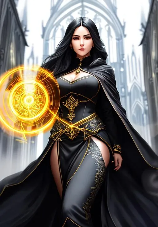 Prompt: Character concept art of a beautiful 
 and intense female sorcerer in her 30s with flowing black hair under a black cloak with glowing yellow eyes wearing a fitted gray dress casting a spell and surrounded by swirling energy. A cathedral in the background. Fantasy, intricate, elegant, highly detailed, digital painting, trending on artstation, detailed face, realistic face, smooth, sharp focus, illustration art by Stanley Lau