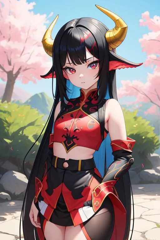 Prompt: bright colors, symmetrical, beautiful little girl, solo, thick thighs, one has jet-black hair and vermilion red eyes, and the other has blond hair and blue eyes, each exuding a different charm. intricate dragon horns, thick dragon tail, skirt, perfect composition, hyperrealistic, super detailed, 8k, high quality, Splash art, front, epic Instagram, artstation, hyperdetailed intricately detailed, unreal engine, intricate detail, complementary colors, concept art, 8k, heavy strokes, splash arts, full height, full body focus,