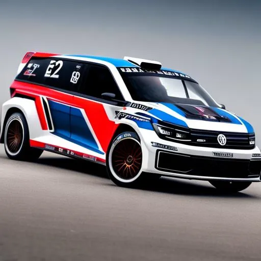 Prompt: Specced out rally version of the vw transporter, with a v12 in the back, with an enormous and complicated tear wing