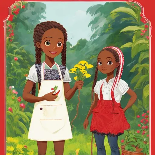 Prompt: draw an illustration of a black caribbean young girl in long braids, a white cherry print top, jeans shorts and a yellow apron with red lace trim on the pockets. the apron is a gardener's apron. Lily is a farmer's daughter and she has a magical power of talking to plants