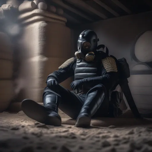 Prompt: A depression modern roman military male in black military roman armor, and gas mask, sitting in floor, background bunker, Hyperrealistic, sharp focus, Professional, UHD, HDR, 8K, Render, electronic, dramatic, vivid, pressure, stress, traumatic, dark.