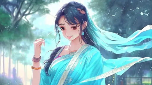 Prompt: anime art of a girl wearing sky blue pastel saree, soft lighting, dancing in rain, ambient colors, in a park