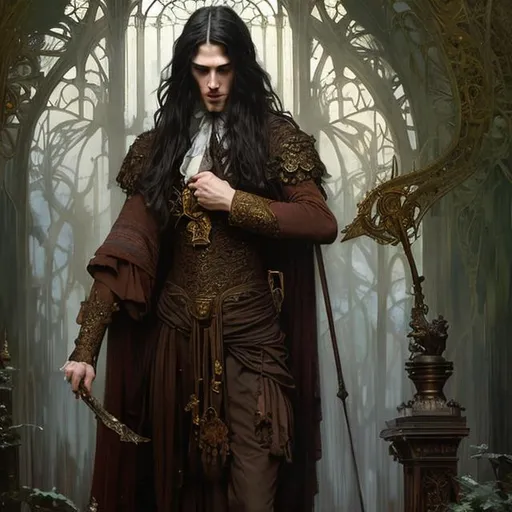 Prompt: Full body splash art, skinny male, poet, very long dark hair, pale skin, victorian clothes, elegant, highly detailed, intricate, smooth, sharp focus, artstation, digital paining, concept art, art by greg rutkowski, alphonse mucha and John William Waterhouse, dark, eerie, gothic, creepy, romantic