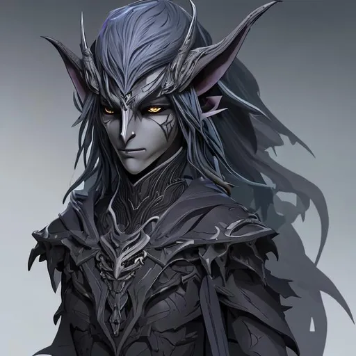 Prompt: Create a detailed digital artwork of a dark elf character with dark grayish skin. The character should have a determined expression on their face, exuding confidence. They should be wearing a flowing olive green cloak that billows in the wind, adding an element of mystery and elegance. A raven perches on their shoulder, symbolizing their connection to the mystical and the unknown. Additionally, the character carries a long bow on their back, showcasing their skill as an archer. The lighting should be atmospheric, with a subtle glow illuminating the scene, enhancing the character's presence. The overall mood should evoke a sense of adventure and intrigue.