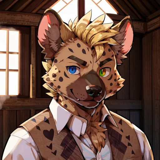 Prompt: Solo, anthro, man, (by_boris_noborhys), hyena, portrait, hyena with a bitten ear, heterochromia, scars on the face, hyena shows a serious look, location: room of a wooden house