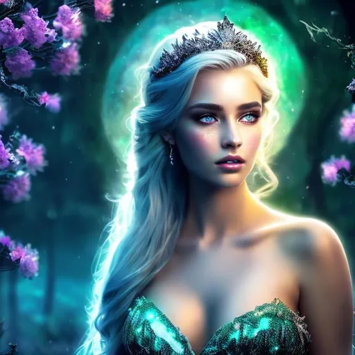 Prompt: HD 4k 3D 8k professional modeling photo hyper realistic beautiful mysterious woman ethereal greek goddess of Spring, Queen of the Underworld
green hair hazel eyes gorgeous face fair skin white shimmering dress jewelry tiara full body surrounded by magical glowing firelight hd landscape background of enchanting mystical flowers skulls fruit