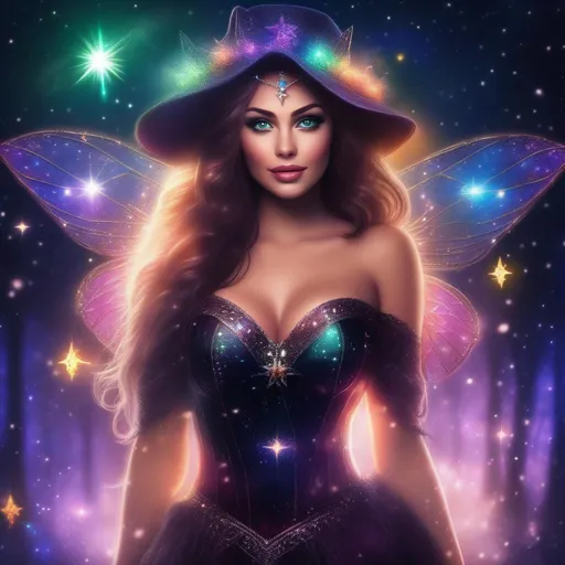 Prompt: A stunningly beautiful, hyper realistic, buxom woman with bright eyes wearing a sparkly, glowing, sheer, fairy, witches outfit on a breathtaking night with stars and colors with glowing sprites flying about.