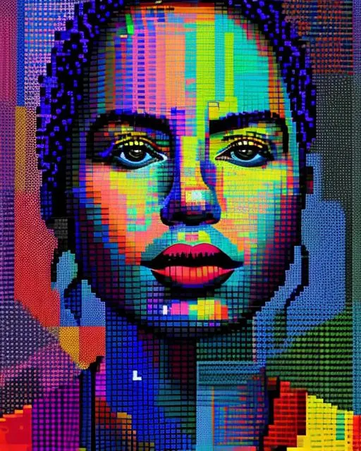 Prompt: A portrait of a person created entirely from pixelated geometric shapes in vibrant neon colors. 