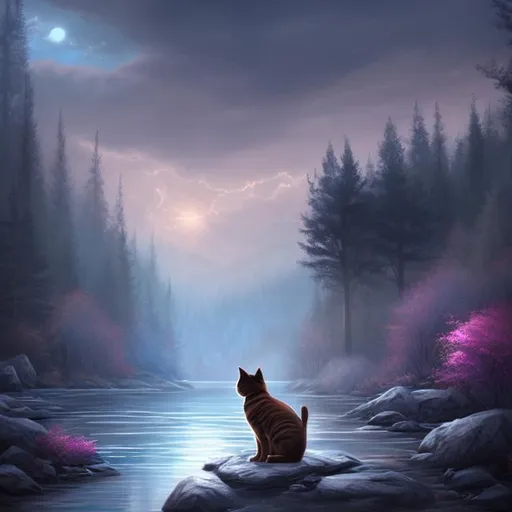 Prompt: emotional cat setting by a river mourning dramatic lighting full body full portrait far away digital drawing