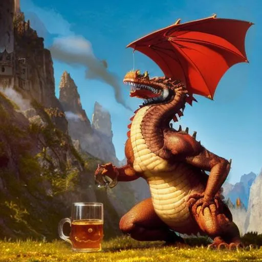 Prompt: A happy dragon with a German Oktoberfest hat and an overflowing tankard, greg rutkowski, andreas rocha, RHADS, digital art, artstation, 