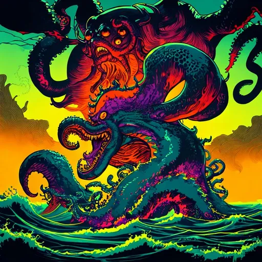 Prompt: A neon comic style illustration of the Kraken rising from the sea. Ultra fine detail. 8k. Highest resolution. Orange. Red. Purple. Yellow highlights. Horror. Scary. Terror. Mythology.