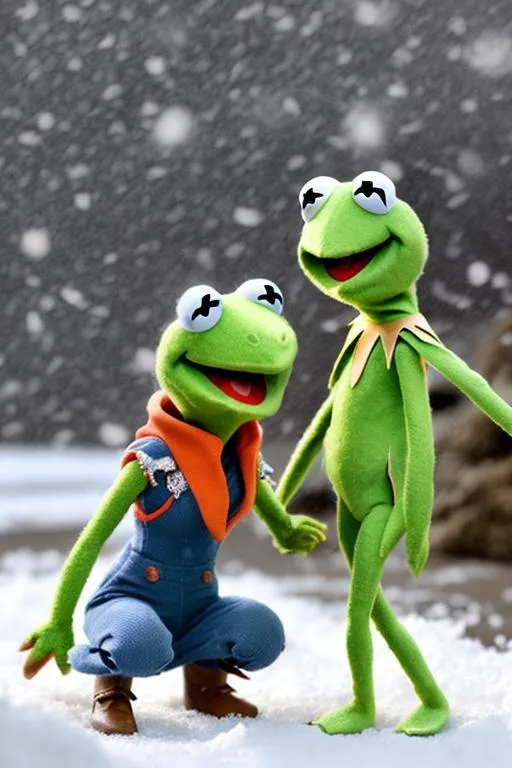 Prompt: taylor swift and kermit the frog playing in snow on the beach