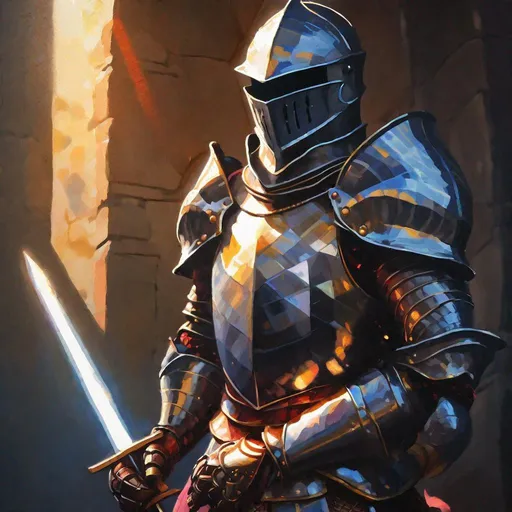Prompt: "knight wearing armor, in the style of Jordan Grimmer, deviantart, gouache, hyperrealism, lens flare, flickering light, aetherpunk, deep color"