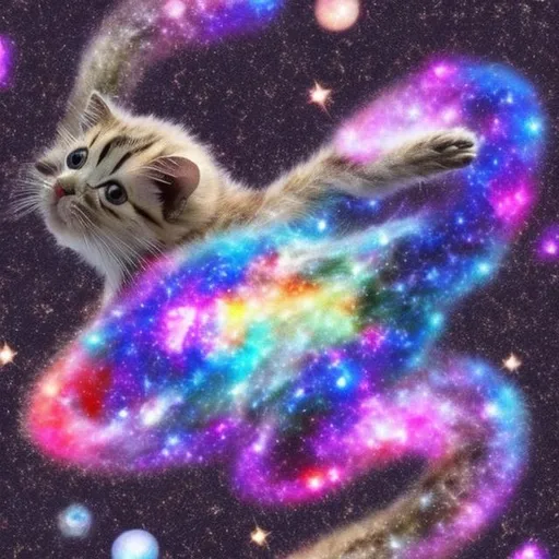 Prompt: A galaxy that looks like a cat chasing a mouse. Please use only 3 colors.