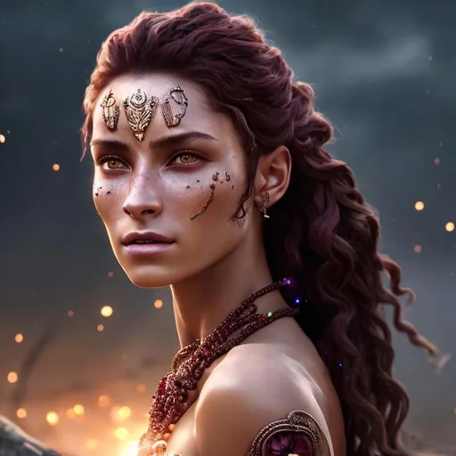 Prompt: HD 4k 3D 8k professional modeling photo hyper realistic beautiful warrior woman ethereal greek goddess of the war-cry
burgundy hair in twists brown eyes gorgeous face tan skin shimmering armor tattoos headpiece full body surrounded by magical glowing pure light hd landscape background owls trees war weapons