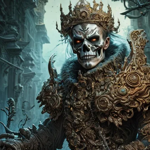 Prompt:  Insanely detailed portrait photography of a Powerful Skeleton King  🌹 warrior wearing insanely detailed ancient filigree mossy 🌹  jewel armour and insanely detailed and intricate crown, intricate and hyper-detailed painting by Ismail Inceoglu Huang Guangjian and Dan Witz CGSociety ZBrush Central fantasy art album cover art 4K 64 megapixels 8K resolution HDR head and shoulder portrait