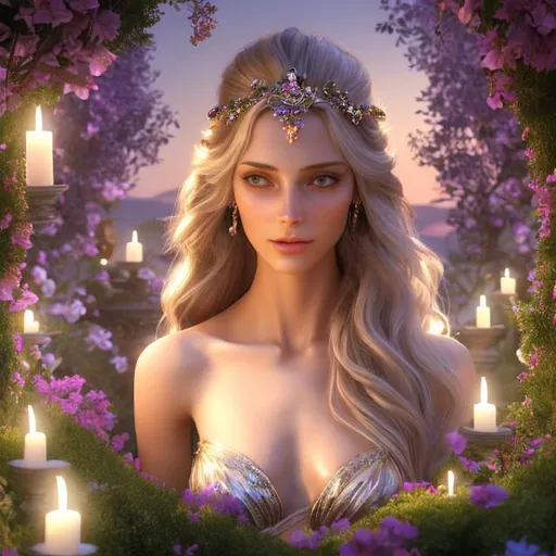 Prompt: HD 4k 3D 8k professional modeling photo hyper realistic beautiful petite frail woman ethereal greek goddess of helplessness
blonde hair in spirals brown eyes gorgeous face dark skin shimmering dress with jewelry laurel headpiece full body surrounded by magical glowing  light hd landscape background reclined in garden on chaise surrounded by vases and plants