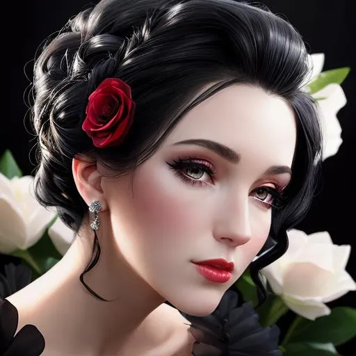 Prompt: Beautiful woman portrait wearing a black evening gown,  black hair, dark eyes, ruby jewelry,elaborate updo hairstyle adorned with flowers, facial closeup