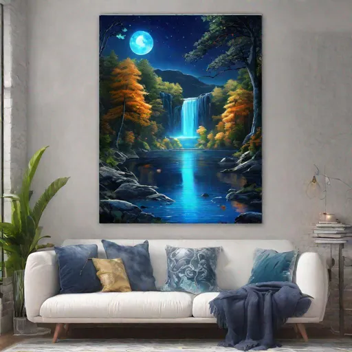 Prompt: professional oil painting, landscape masterpiece, enchanted woods, fantasy, magical waterfall, crystal lake, lakeside view, blue moon, navy night sky, surreal scenery, peaceful, beautiful, glowing fireflies, UHD, 64k, unreal engine, high octane render, high quality, best quality, professional, absurd resolution, vivid colors, neon colors, highly detailed, intricate detail, sharp focus