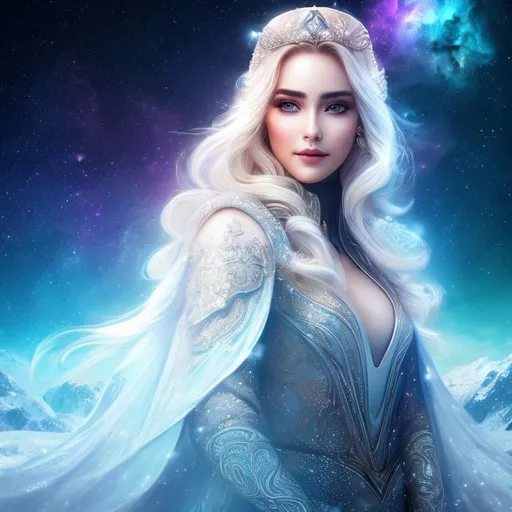 Prompt: create photograph of beautiful winter female princes who is wearing futuristic robes,  night time and beautiful sky  space and planets an nebulae in sky highly detailed, detailed face, extremely detailed environment, extremely detailed background, extremely detailed skin, extremely detailed clothing, natural colors , professionally color graded, photorealism, 8k, realistic, moody lighting, galactic environment, volumetric lighting